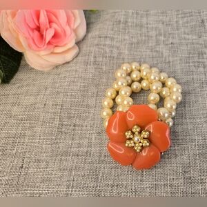 Vintage Carolee Faux Pearl & Coral Gold Tone Flower 3 Strand Bracelet  2.75”‎